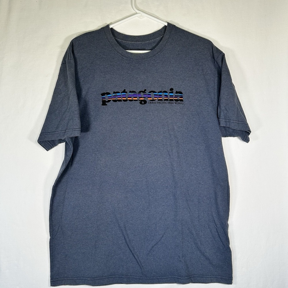 Patagonia Great Pacific Iron Works T-Shirt Men's Blue Skyline Graphic Logo Sz L